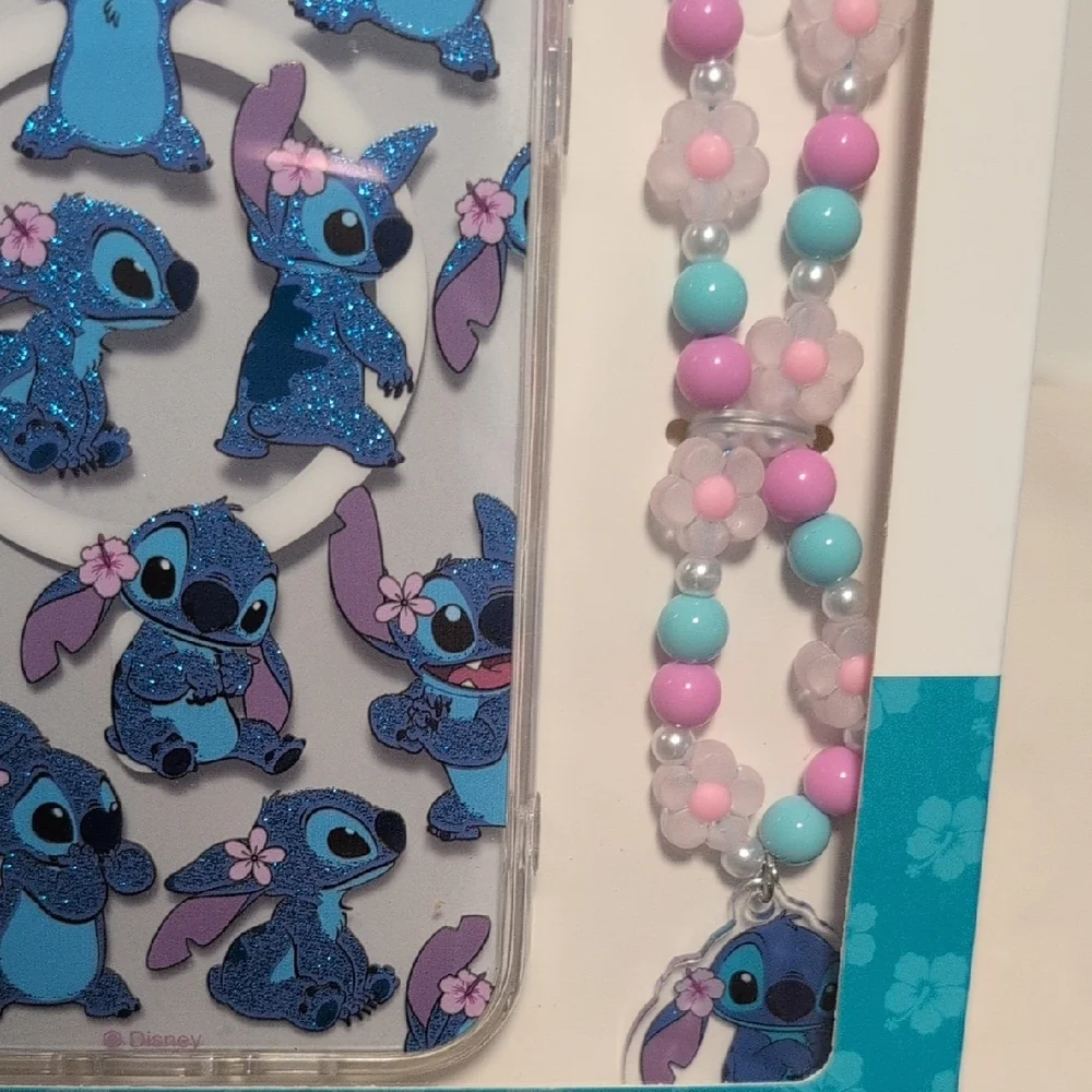 Disney Stitch iPhone 15 Pro Max Case with Beaded Strap - Blue and Pink